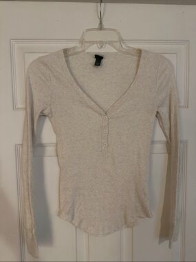 Oatmeal Ribbed Henley Long-Sleeve Top